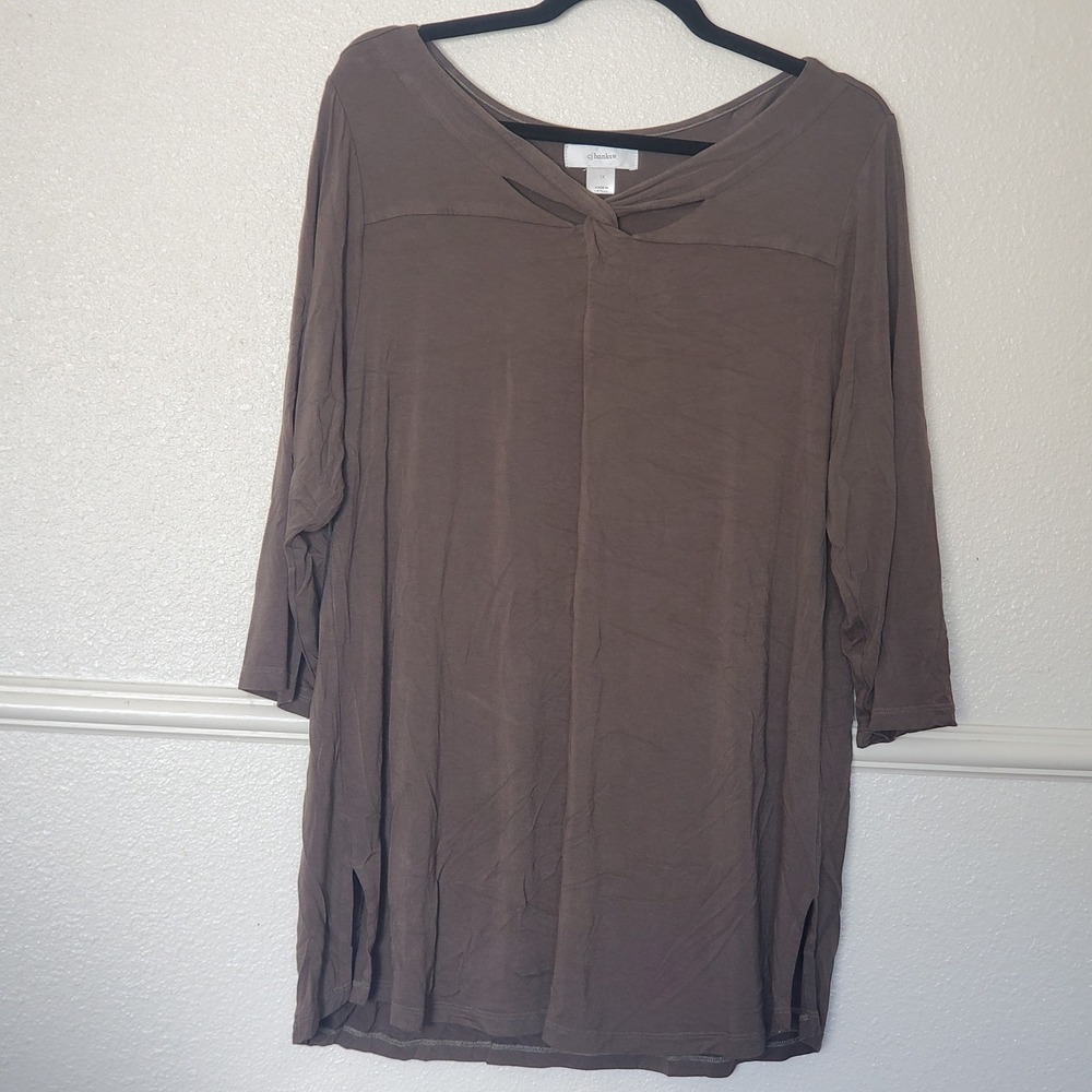 CJ Banks Womens 1X Olive Green Twisted Keyhole Neck 3/4 Sleeve Tunic Top RN63823